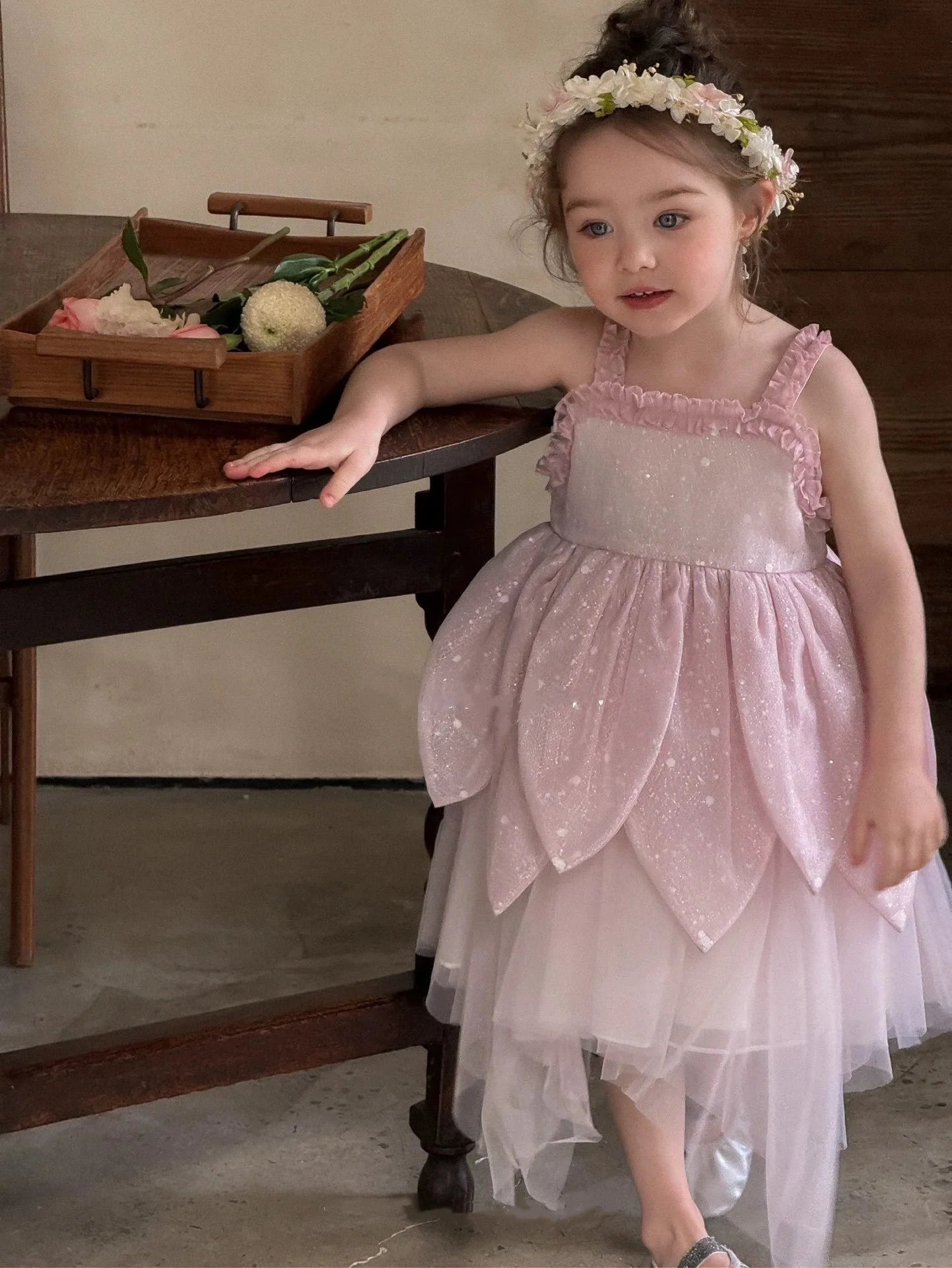 Flower Fairy Girl Dress Vest Sleeveless Shoulder Strap Suspender Princess Petal Skirt Magic Elves Halloween Dress