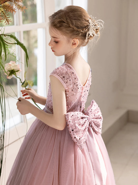 Girl Party Dress Long Pink Gown with Big Bow Evening Dress Puffy Gauze Girl Princess Dress