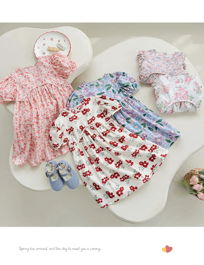2025 Summer Kids Girls Dresses Short Sleeve A Line Girls Dresses Floral Print Pleated Dress For Girl