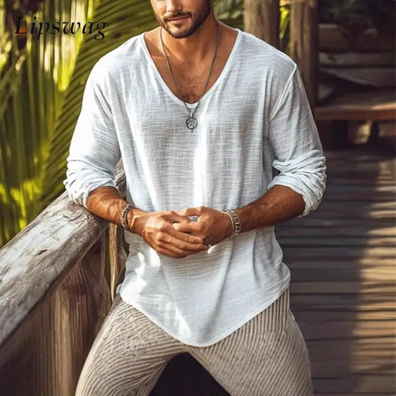 2025 Spring Summer Breathable Thin T-shirts Mens Casual Solid Color Long Sleeve Pullover Tops Men Leisure Loose V Neck T Shirt