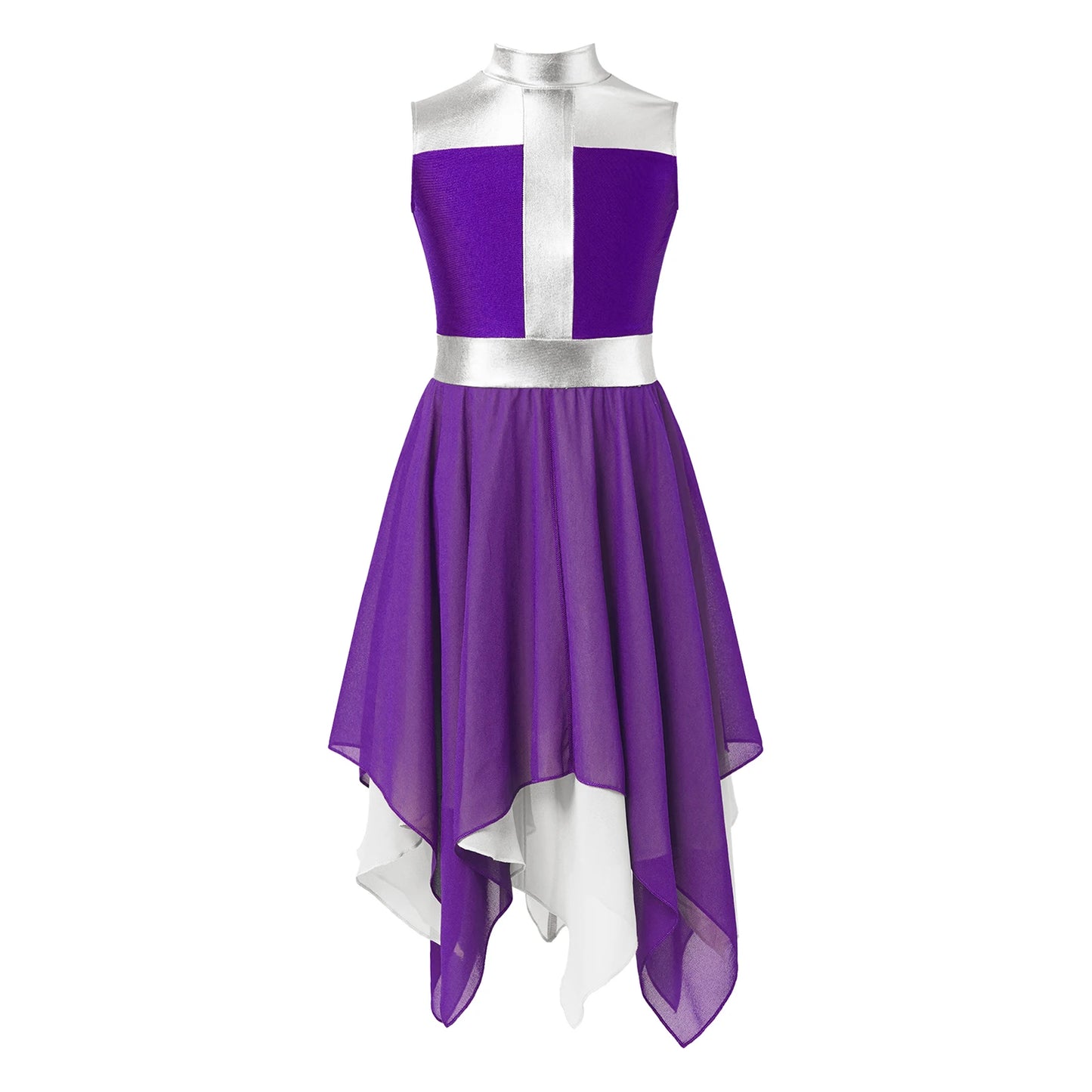 Girls Liturgical Worship Praise Dance Dress Contemporary Lyrical Dancewear Sleeveless Sequins Bodice Asymmetrical Tunic Dresses