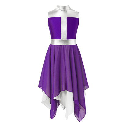 Girls Liturgical Worship Praise Dance Dress Contemporary Lyrical Dancewear Sleeveless Sequins Bodice Asymmetrical Tunic Dresses