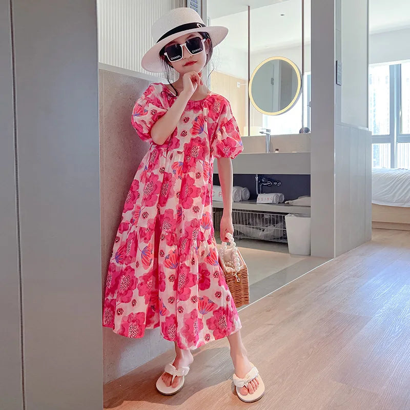 Girl's Large Flower Dress 2025 New Summer Children's Foreign-Style Loose Korean Version of the Older Girls Floral Lazy Skirt