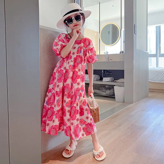 Girl's Large Flower Dress 2025 New Summer Children's Foreign-Style Loose Korean Version of the Older Girls Floral Lazy Skirt