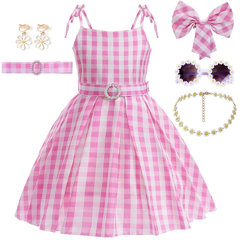 Girls Party Dresses Pink Plaid Princess Dress Birthday Party Children's Day Perform Dress Kid Carnival Halloween Cosplay Costume