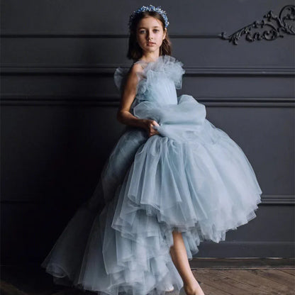 Children's Dresses 2025 New Flower Girl Long Blue Gauze Gown Evening Dress Ball Catwalk Piano Performance Princess Customized