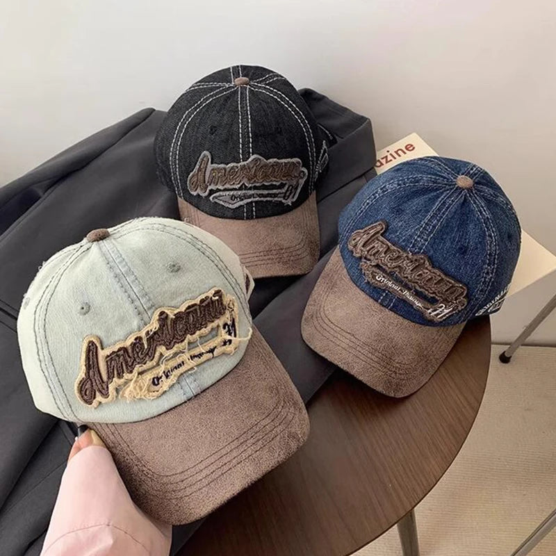 Embroidery Letters Denim Baseball Cap For Men Women Fashion Patchwork Sunshade Peaked Hat Hip Hop Cotton Dad Trucker Caps