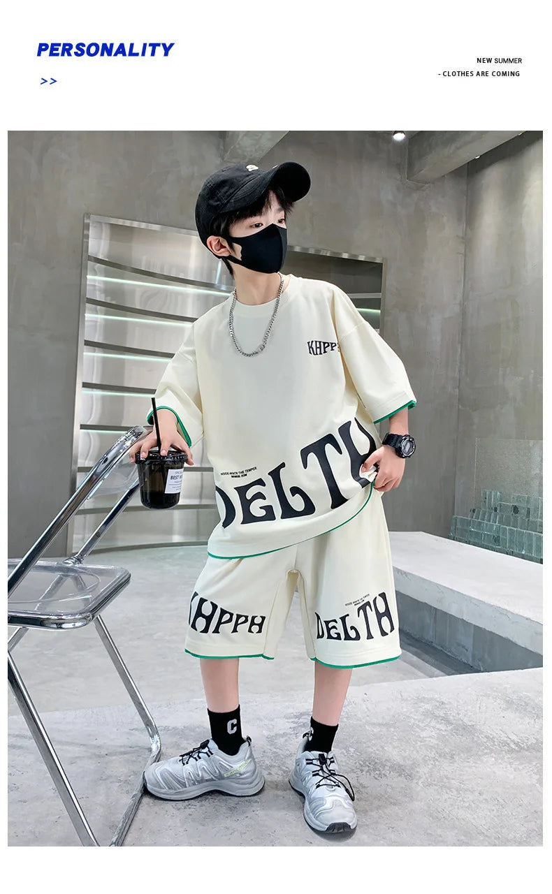 Boys Summer Letter Print Tee Shorts Two Piece Set New Big Kids Casual Wear Outfit Everyday Wear Simple Style Matching Children