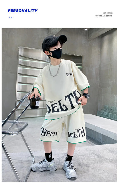 Boys Summer Letter Print Tee Shorts Two Piece Set New Big Kids Casual Wear Outfit Everyday Wear Simple Style Matching Children