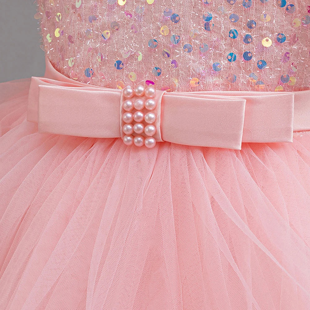 Girls Party Dresses Elegant Tulle Layered Children Long Evening Prom Gown Sequins Puffy Festive Dress for Girl