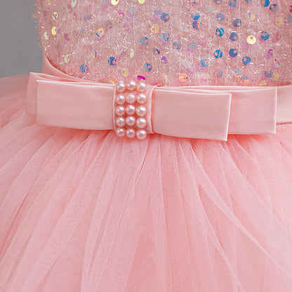 Girls Party Dresses Elegant Tulle Layered Children Long Evening Prom Gown Sequins Puffy Festive Dress for Girl
