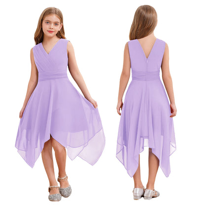Summer Girls Festive Dress Hi-Lo Tulle Sleeveless Shiny Beaded Dress Flower Kids Wedding Pageant Clothing Evening Communion Gow