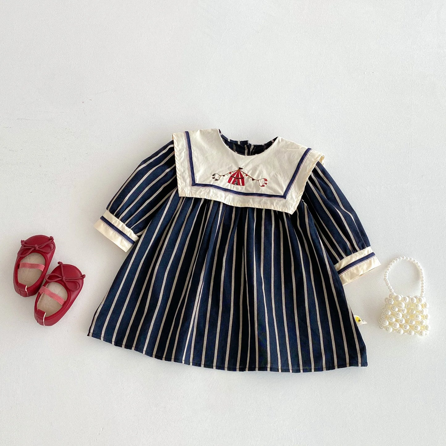 Baby Girl's Dress 2025 Autumn New Retro Children's Embroidered Dress Striped Long-sleeved Princess Dresses