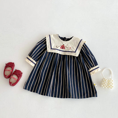 Baby Girl's Dress 2025 Autumn New Retro Children's Embroidered Dress Striped Long-sleeved Princess Dresses