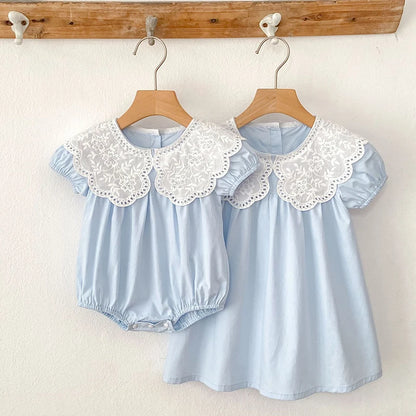 Baby Girls Dress Kids Summer Cute Flowers Dress 1-6 Yrs Children Fashion Doll Collar Princess Dress Blue Cotton Girl's Dresses