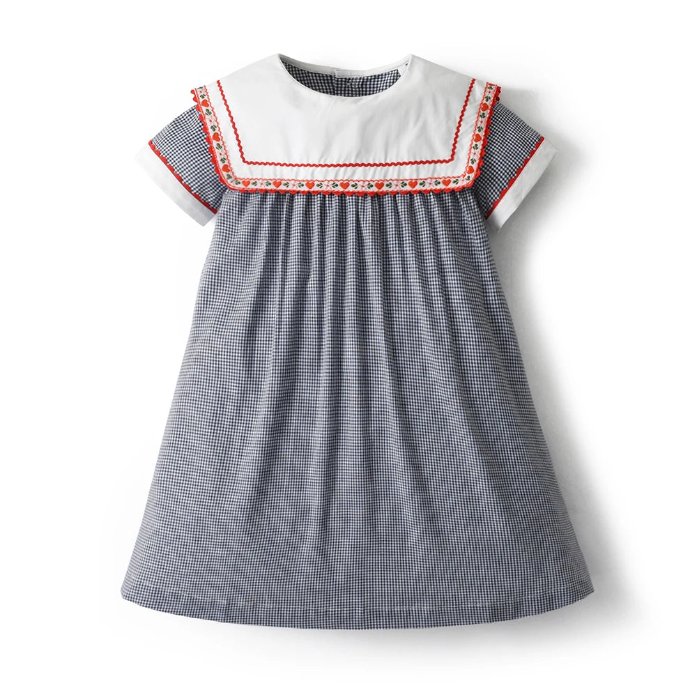 Vintage Dress Girls Kids Boutique Embroidery Square-cut Collar Plaid Dresses Girl Children Seven Sleeves Frocks Casual Clothing