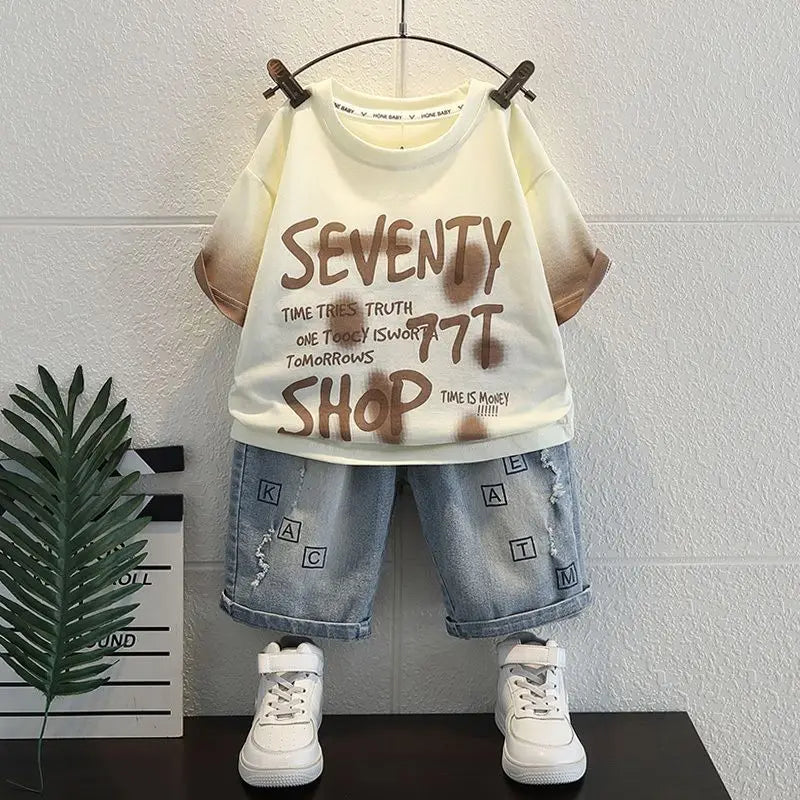 Summer Baby Boys Fashion High Quality Set Cotton Boy Short Sleeved Hole T-shirt + Denim Shorts Kids Loose Casual Clothes 2-11Y