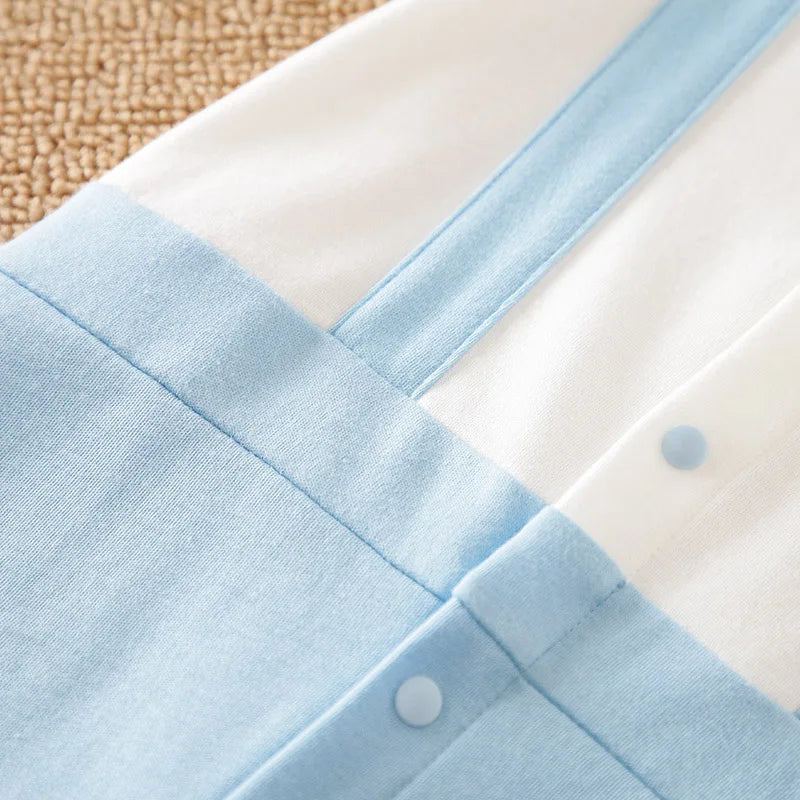 Newborn Boys Gentleman Bow Spliced Contrast False Backband Light Blue Comfortable Spring And Autumn Long Sleeved Jumpsuit