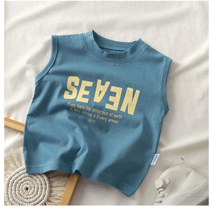 Summer Boys Letter Print Tops Girls Wide Shoulder Vest Children's O-neck T-shirt 2025 Baby Kids Korean Solid Sleeveless Tank Top