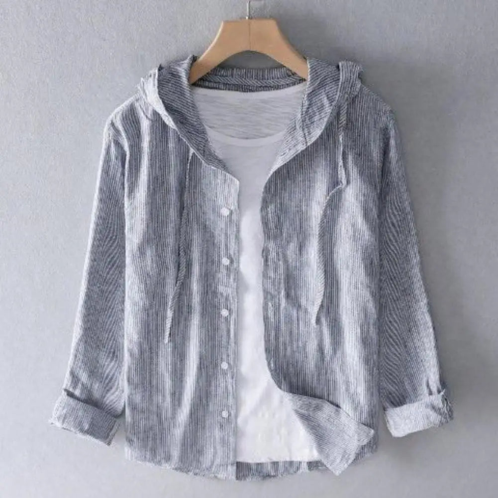 Men Summer Shirt Sun Anti UV Long Sleeve Hooded Drawstring Single breasted Soft Loose Breathable Cardigan Coat Top (Available)
