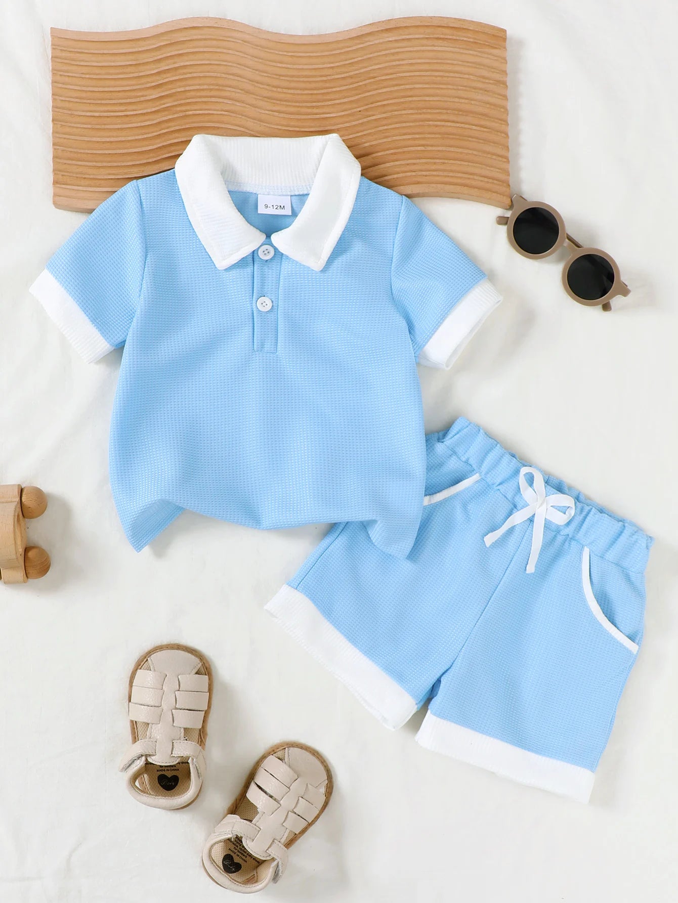 Summer Preppy Baby Boys Light Blue Matching Suit Polo Lapel Commuter Short Sleeve + Pocket Shorts Two-Piece Set