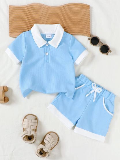 Summer Preppy Baby Boys Light Blue Matching Suit Polo Lapel Commuter Short Sleeve + Pocket Shorts Two-Piece Set