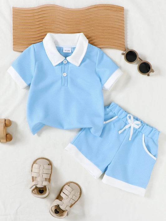 Summer Preppy Baby Boys Light Blue Matching Suit Polo Lapel Commuter Short Sleeve + Pocket Shorts Two-Piece Set