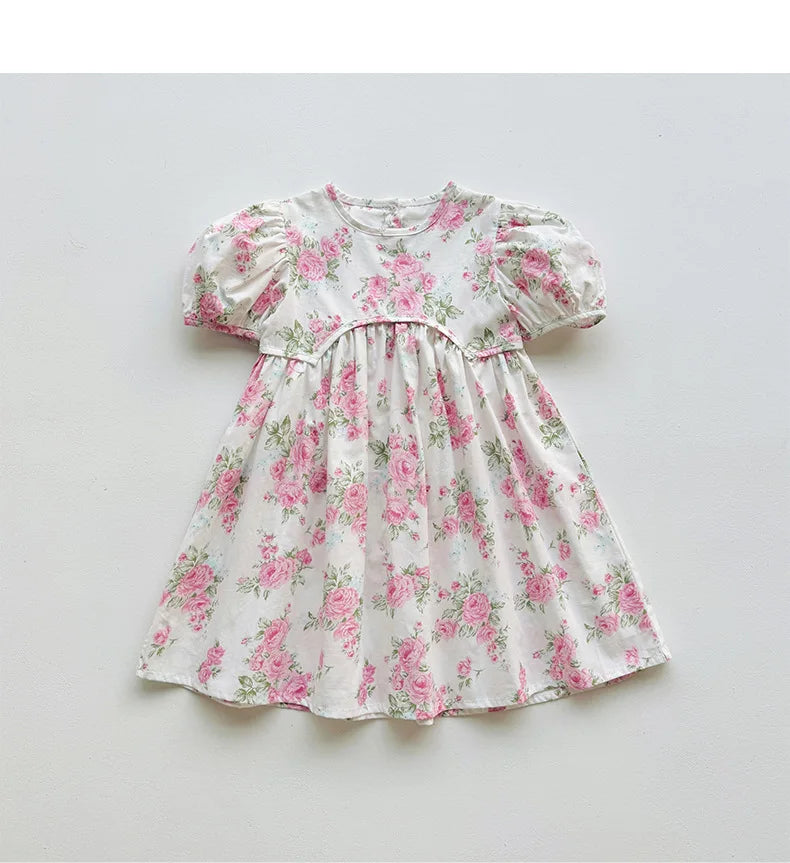 2025 Summer Kids Girls Dresses Short Sleeve A Line Girls Dresses Floral Print Pleated Dress For Girl
