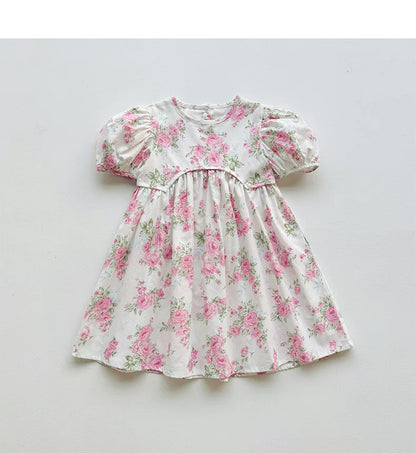 2025 Summer Kids Girls Dresses Short Sleeve A Line Girls Dresses Floral Print Pleated Dress For Girl