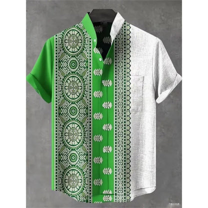 Men's summer shirt, fashionable stand up collar short sleeved cardigan, ethnic tribal printed pocket, linen breathable men's top   (Available)