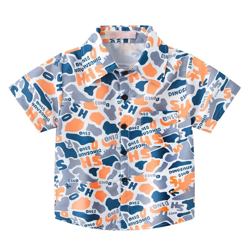 Summer Boys Shirt Hawaiian Beach Graphic Print Children's Blouse Casual Short Sleeve Holiday Lapel Top Girl Blouse Kids Clothes