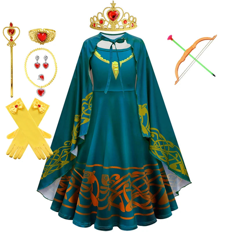 New Cartoon Movie Girls Princess Merida Dress Halloween Brave Princess Costume Children Green Velvet Long Sleeve Vintage Clothes