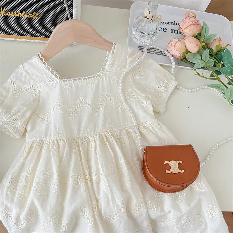 New Summer Kids Dresses for Girls Pure Color All-match Lace Girls  Short-sleeved Dress Baby Princess Dress Girls Clothes