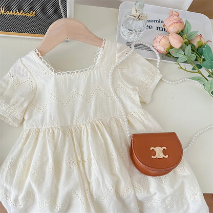 New Summer Kids Dresses for Girls Pure Color All-match Lace Girls  Short-sleeved Dress Baby Princess Dress Girls Clothes