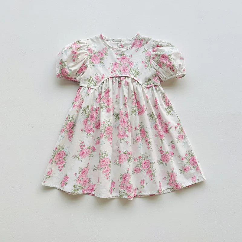2025 Summer Kids Girls Dresses Short Sleeve A Line Girls Dresses Floral Print Pleated Dress For Girl