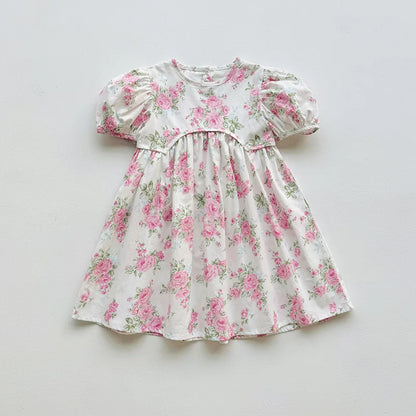 2025 Summer Kids Girls Dresses Short Sleeve A Line Girls Dresses Floral Print Pleated Dress For Girl