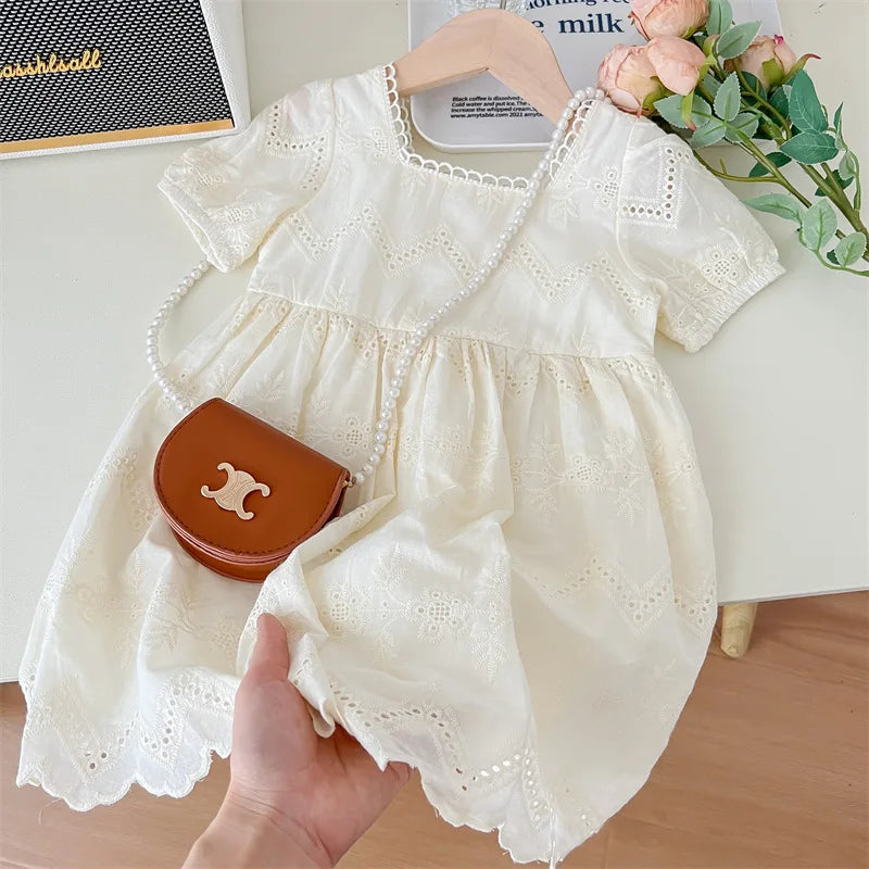 New Summer Kids Dresses for Girls Pure Color All-match Lace Girls  Short-sleeved Dress Baby Princess Dress Girls Clothes