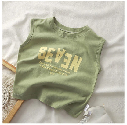 Summer Boys Letter Print Tops Girls Wide Shoulder Vest Children's O-neck T-shirt 2025 Baby Kids Korean Solid Sleeveless Tank Top