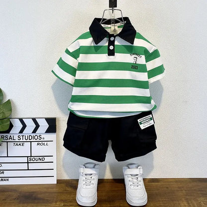 Boys 2025 Summer Outfit T-Shirt and Jeans Korean Polo Fashion 2PCS Casual Clothing Korean Reviews Top Toddler Kids Clothes Sets (Available)