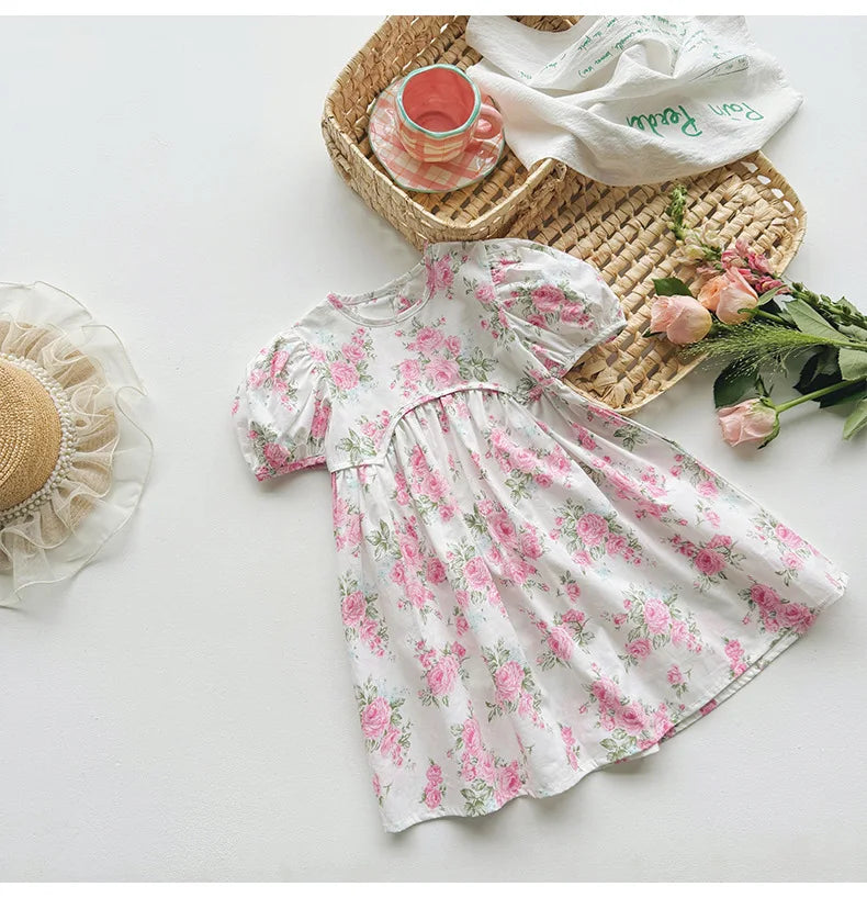 2025 Summer Kids Girls Dresses Short Sleeve A Line Girls Dresses Floral Print Pleated Dress For Girl
