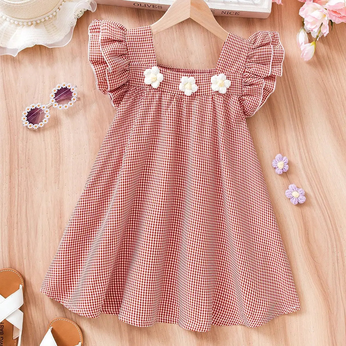 Girl's Red & White Gingham Dress with Flutter Sleeves & Floral Accents - Perfect for Holidays/Outings, Age 4-7, Spring/Summer