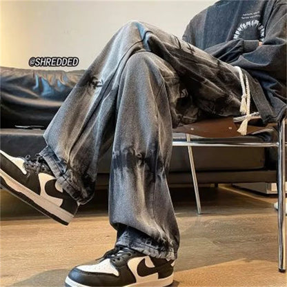 2025 New Tie Dye Retro Drawstring Jeans For Men Baggy High Street Straight Pants Hip Hop Fashion Casual y2k jean hombre pantalon
