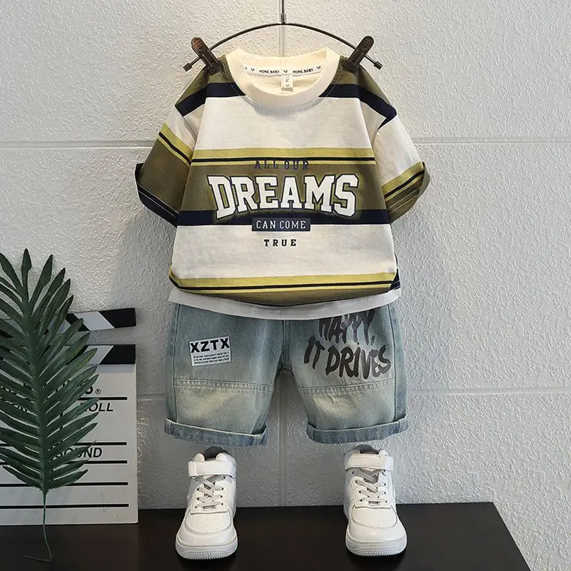 Summer Baby Boys Fashion High Quality Set Cotton Boy Short Sleeved Hole T-shirt + Denim Shorts Kids Loose Casual Clothes 2-11Y