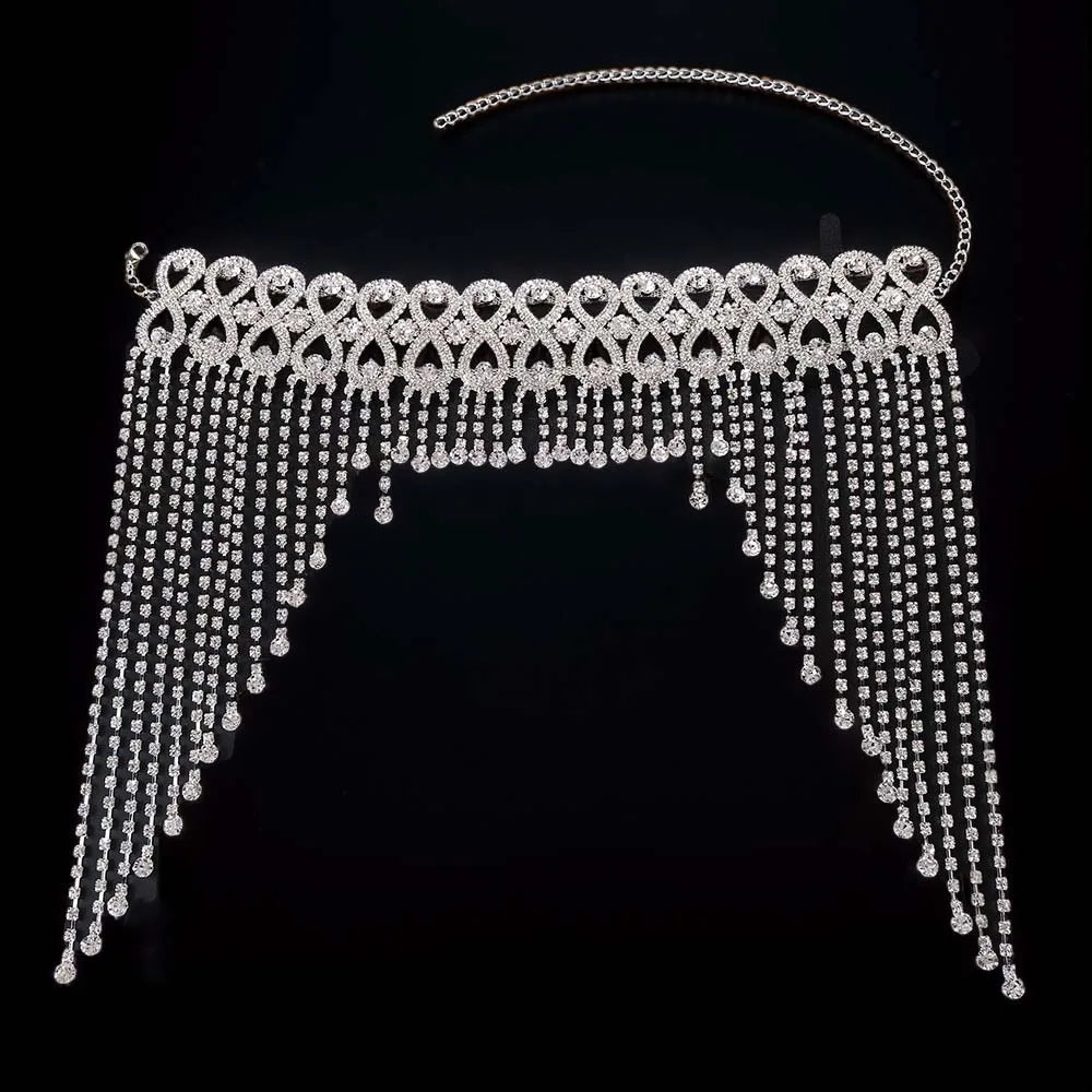 Tassel Hair Chain Accessories Bridal Headpiece for Women Tiara Rave Rhinestone Headband Full Geometric Head Chain Hat Jewelry