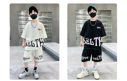 Boys Summer Letter Print Tee Shorts Two Piece Set New Big Kids Casual Wear Outfit Everyday Wear Simple Style Matching Children