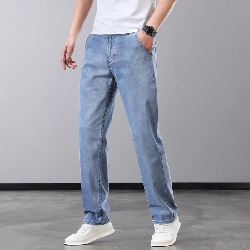 Summer Thin Men's Jeans Lyocell Fabric Soft Breathable Straight Denim Pants Brand Man Elastic Ice Silk Casual Trousers Grey Blue (Available)