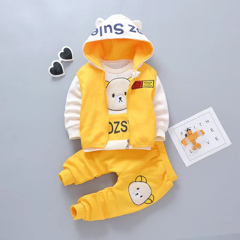 New Autumn Winter  Baby Girl Clothes Children Boys Thickened Hooded Vest T-Shirt Pants 3Pcs/Sets Toddler Costume Kids Tracksuits (Available)