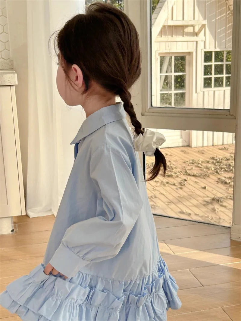 Girl's Shirt Dress Princess Spring New Long-sleeve Gown Children Summer Turn-down Dresses 2-8Y Kids Autumn Fashion Clothing