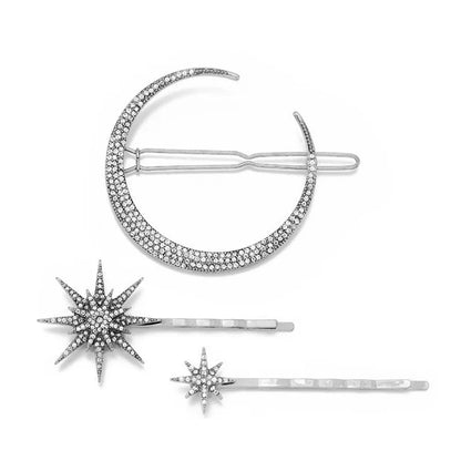 Women Side Clip Hair Barrettes Girl Accessories 3D Geometric Stars Moon Rhinestone Clips Set Silver Snowflake Star Hairpins