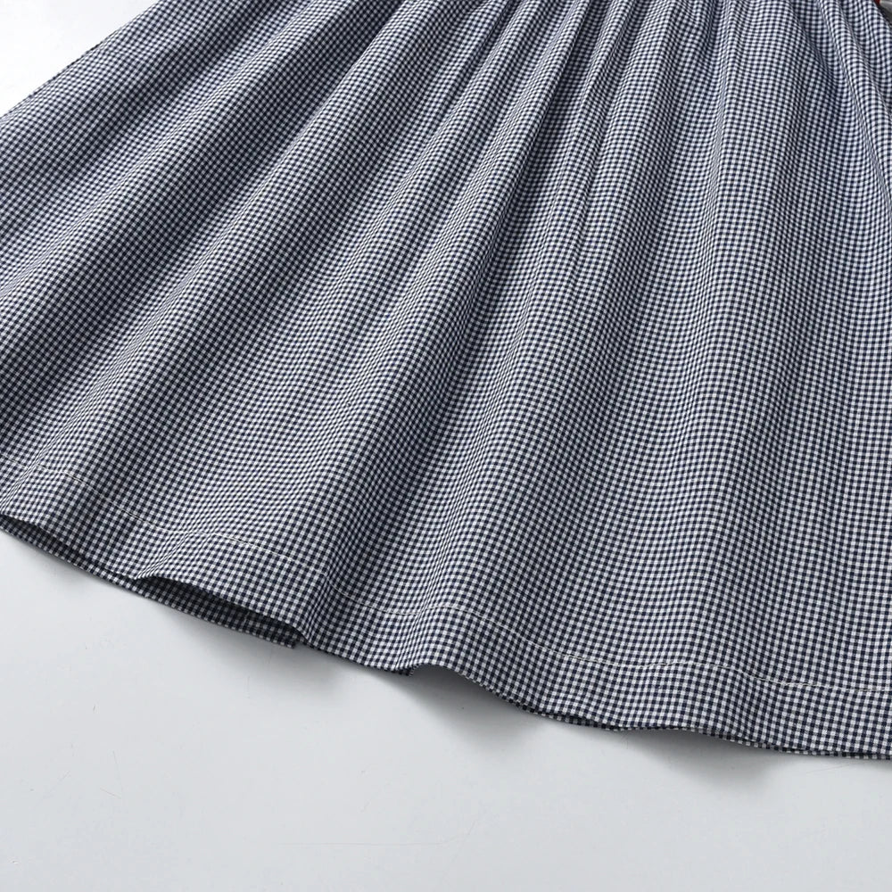 Vintage Dress Girls Kids Boutique Embroidery Square-cut Collar Plaid Dresses Girl Children Seven Sleeves Frocks Casual Clothing